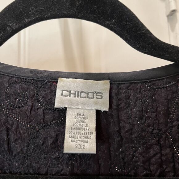 Chicos Size 2 Red Black Embroidered Open Front Jacket Top 100% Silk US L - Picture 4 of 10